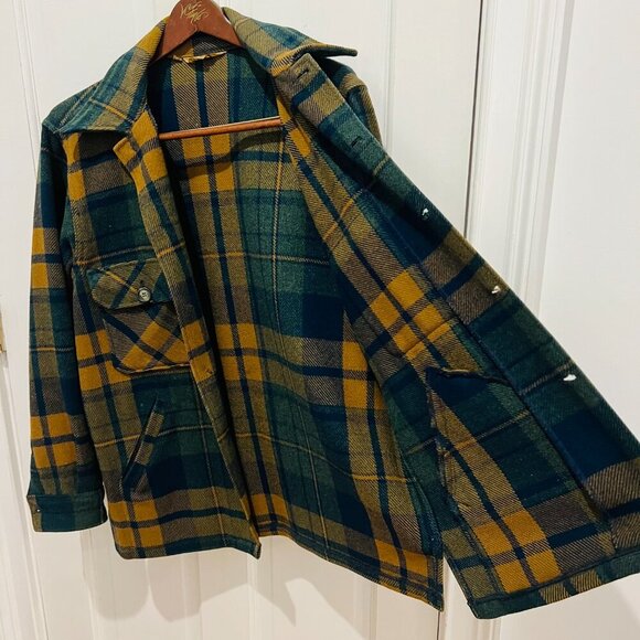Vintage WOOLRICH Plaid Wool Coat, 1960s Hunting Jacket, M/L 42, Green/Blue/Tan - Picture 4 of 16